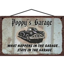 5x8 Poppy's Garage Sign with Classic Car What Happens in the Garage Stays in the Garage - Vintage Style Grandpa Home Décor, Father's Day Gift for Automotive Enthusiast Grandfathers