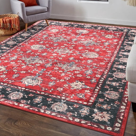 5x8 Small Rugs Vintage Print Washable Door Mat Indoor Entrance Low Pile Rug for Living Room Entryway, Kitchen, Red