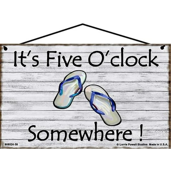 5x8 Vintage Style Beach Themed Sign "It's Five O'Clock Somewhere" - Grey Wood Pattern - Featuring Flip Flops, Fun Bar, Patio, or Vacation Home Decor, Perfect for Relaxation and Good Vibes