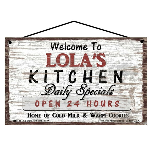 5x8 Vintage Style Kitchen Sign Welcome to Lola's Kitchen Daily Specials Open 24 Hours - Filipino Word for Grandmother - Home Décor Mother's Day Gift for Grandma