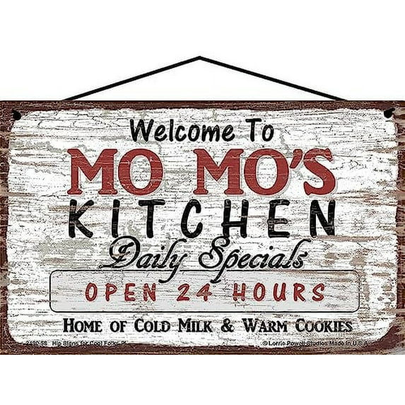 5x8 Vintage Style Kitchen Sign Welcome to Mo Mo's Kitchen Daily Specials Open 24 Hours Home of Cold Milk and Warm Cookies Mother's Day Gift for Grandmothers Home Décor for Grandma