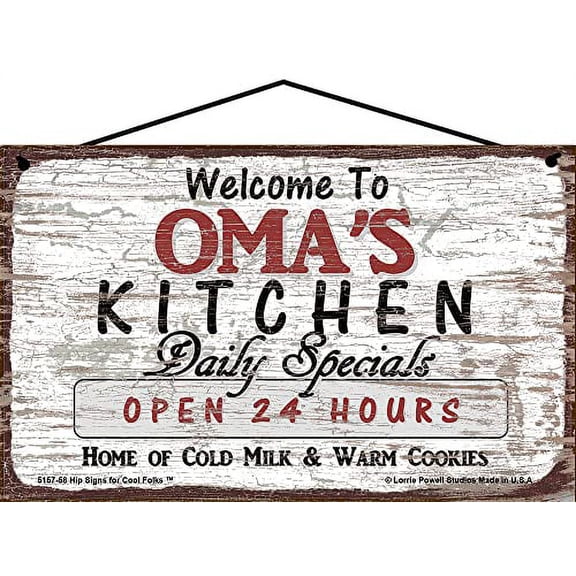 5x8 Vintage Style Kitchen Sign Welcome to Oma's Kitchen Daily Specials Open 24 Hours - German Word for Grandmother - Family Home Décor Mother's Day Gift for Grandma