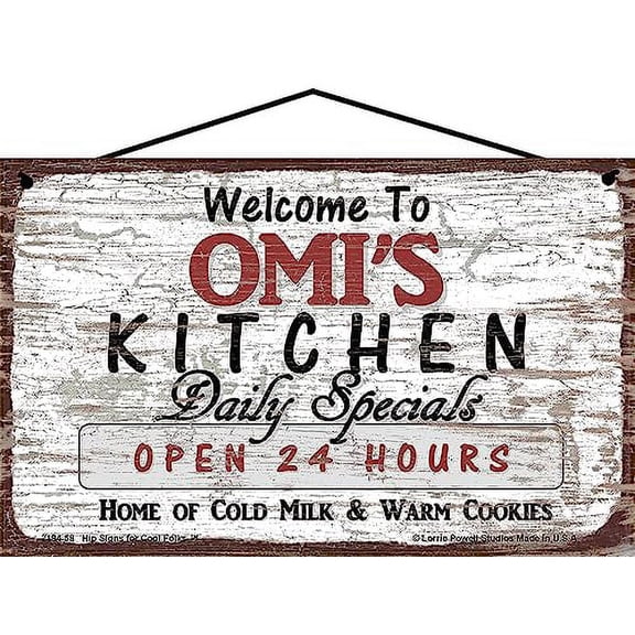 5x8 Vintage Style Kitchen Sign Welcome to Omi's Kitchen Daily Specials Open 24 Hours - German Word for Grandmother - Family Home Décor Mother's Day Gift for Grandma