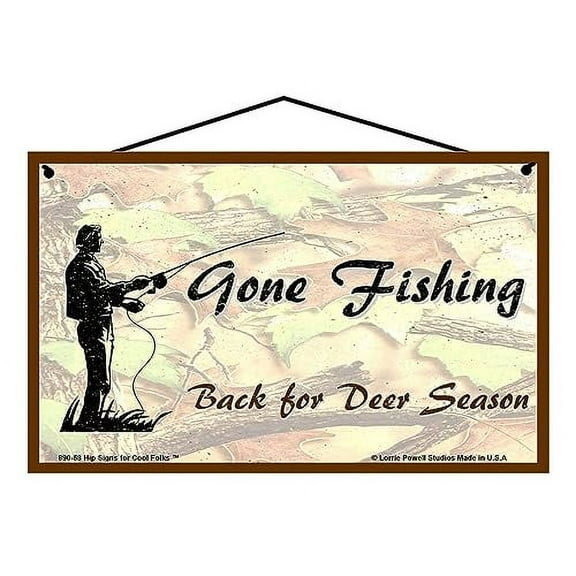 5x8 Vintage Style Sign - Gone Fishing Back For Deer Season - Hunting Camo Background, Gift for Fisherman or Hunter, Father's Day, Decorative Household Home Décor