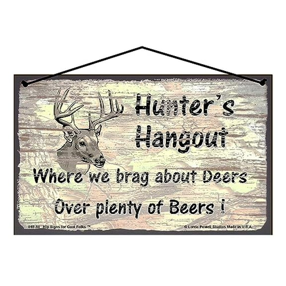 5x8 Vintage Style Sign - Hunter's Hangout Where We Brag About Deers Over Plenty of Beers - Hunting Themed Camo Camouflage Background with Deer, Elk - Father's Day Gift - Decorative Rustic Home Décor