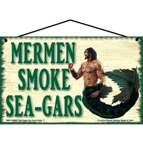 5x8 Vintage Style Sign Mermen Smoke Sea-Gars - Vintage Style Nautical Bathroom Home Decor, Buff Sexy Merman, Coastal Wall Art, Gift for Mermaid Lovers