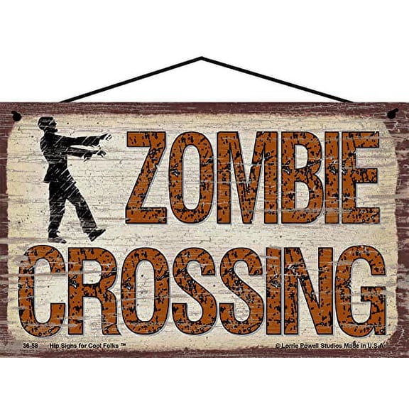 5x8 Vintage Style Sign Saying "Zombie Crossing" - Fun Warning Decoration for Halloween Home Decor, Gift for Horror Fans, and Apocalypse Enthusiasts