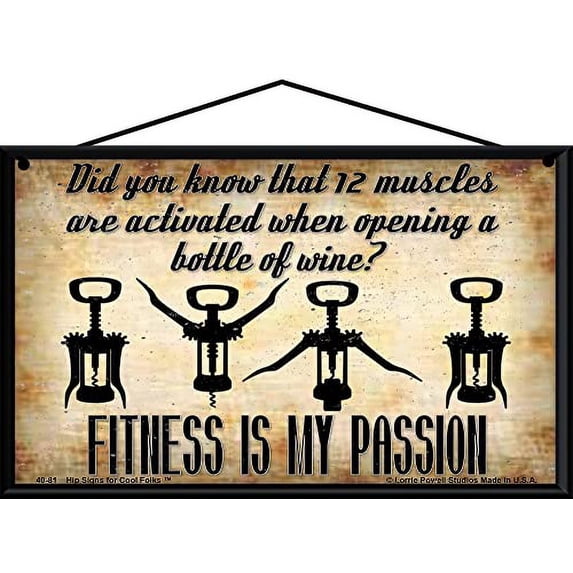 5x8 Vintage Style Wine Themed Sign - Fitness is My Passion, Wine Lover Wall Art, Humorous Quote Home Decor, Wine Enthusiast Gift Idea