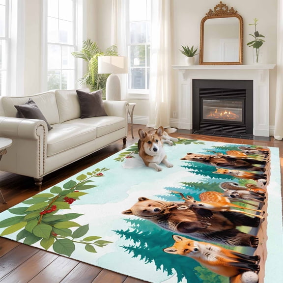 5x8 Washable Area Rug, Animals Non-Slip Large Rectangle Rug for Living Room Dining Room, Forest Bear Fox Deer Raccoon Squirrel Leaf Branch Berry Blue Indoor Floor Mat for Home Decor