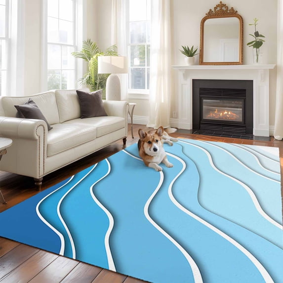 5x8 Washable Area Rug, Blue Ombre Non-Slip Large Rectangle Rug for Living Room Dining Room, Abstract Sea Water Indoor Floor Mat for Home Decor