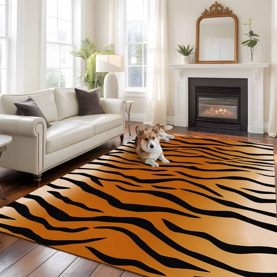 5x8 Washable Area Rug, Brown Tiger Skin Non-Slip Large Rectangle Rug for Living Room Dining Room, Abstract Farm Brown Tiger Animal Texture Black Stripes Indoor Floor Mat for Home Decor