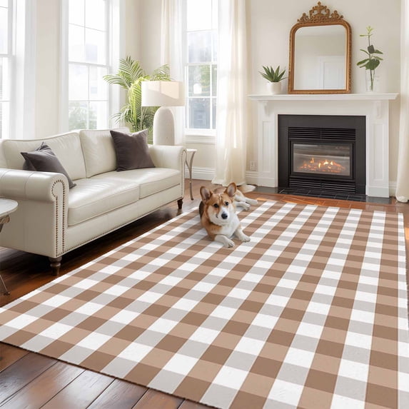 5x8 Washable Area Rug, Brown White Non-Slip Large Rectangle Rug for Living Room Dining Room, Grey Buffalo Plaid Texture Indoor Floor Mat for Home Decor