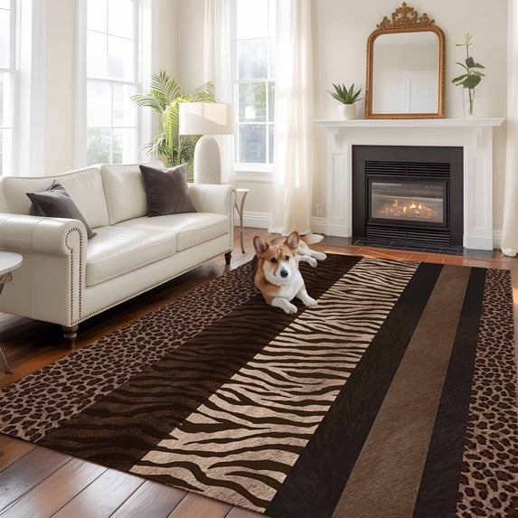 5x8 Washable Area Rug, Brown Zebra Leopard Print Non-Slip Large Rectangle Rug for Living Room Dining Room, Country Vintage Animal Skin Print Indoor Floor Mat for Home Decor
