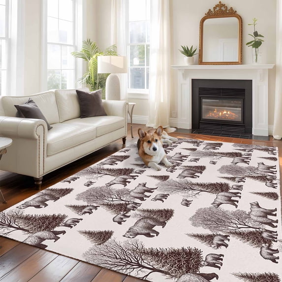 5x8 Washable Area Rug, Forest Animal Non-Slip Large Rectangle Rug for Living Room Dining Room, Brown Bear Tree Vintage Abstract Art Indoor Floor Mat for Home Decor