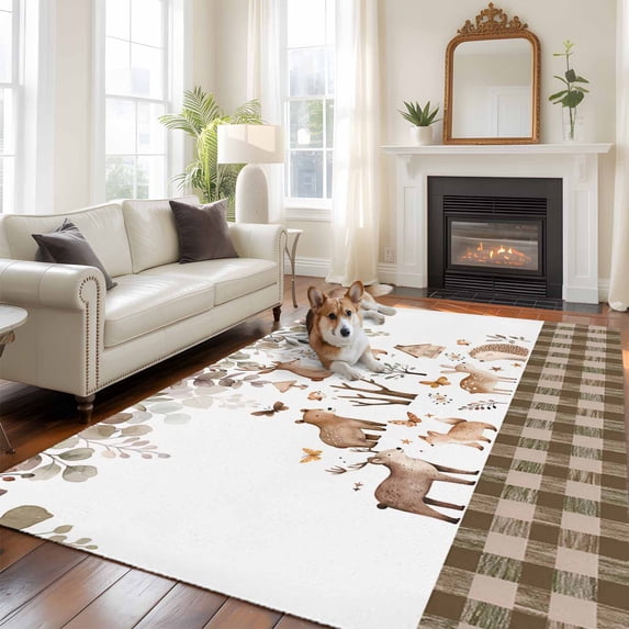 5x8 Washable Area Rug, Forest Animal Non-Slip Large Rectangle Rug for Living Room Dining Room, Brown Deer Bear Hedgehog Bird Butterfly Eucalyptus Leaves Plaid Indoor Floor Mat for Home Decor