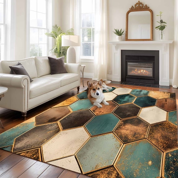 5x8 Washable Area Rug, Geometric Pattern Non-Slip Large Rectangle Rug for Living Room Dining Room, Colorful Hexagon Collage Art Indoor Floor Mat for Home Decor