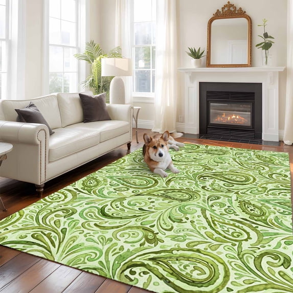 5x8 Washable Area Rug, Green Paisley Floral Non-Slip Large Rectangle Rug for Living Room Dining Room, Retro Abstract Watercolor Paisley Floral Indoor Floor Mat for Home Decor