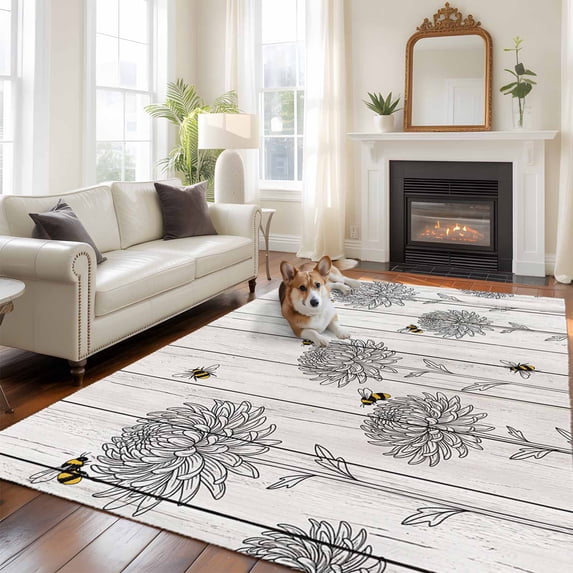 5x8 Washable Area Rug, Modern Non-Slip Large Rectangle Rug for Living Room Dining Room, Simple Black and White Line Daisies Bees Wood Grain Indoor Floor Mat for Home Decor