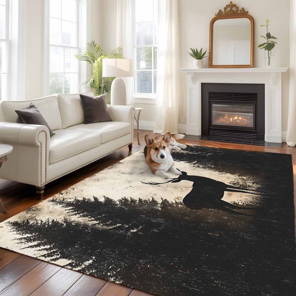 5x8 Washable Area Rug, Retro Elk Non-Slip Large Rectangle Rug for Living Room Dining Room, Black Elk Modern Art Forest Animal Nature Indoor Floor Mat for Home Decor