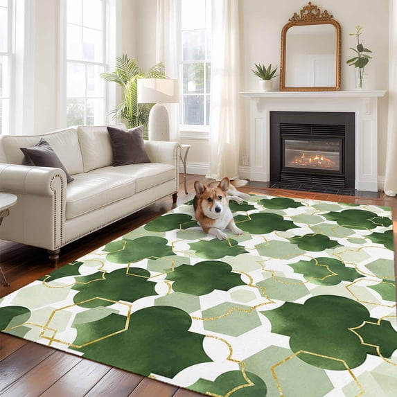 5x8 Washable Area Rug, Sage Green Moroccan Non-Slip Large Rectangle Rug for Living Room Dining Room, Abstract Gradient Gold Green Geometric Indoor Floor Mat for Home Decor