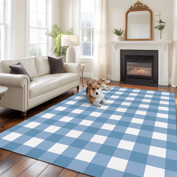 5x8 Washable Area Rug, Sky Blue Plaid Non-Slip Large Rectangle Rug for Living Room Dining Room, Sky Blue Gradient Indoor Floor Mat for Home Decor