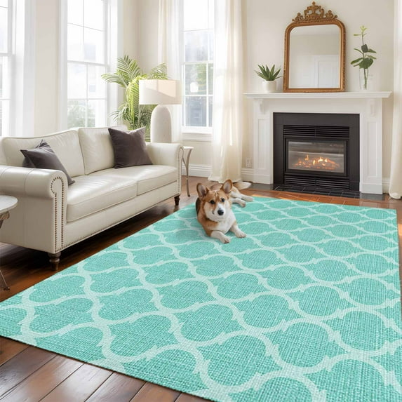 5x8 Washable Area Rug, Teal Plaid Non-Slip Large Rectangle Rug for Living Room Dining Room, Retro Country Moroccan National Geometrical Plaid Indoor Floor Mat for Home Decor