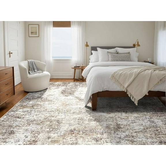 5x8 Washable Neutral Abstract Rug - Brown Grey