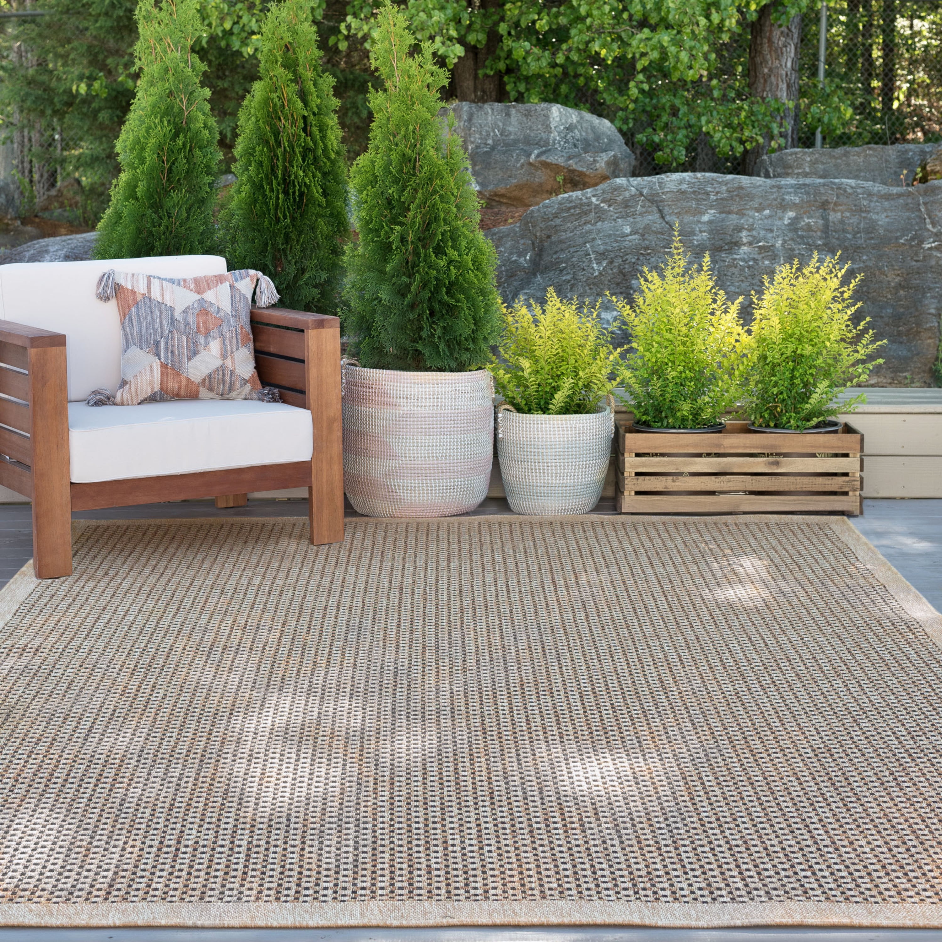 5x8 Water Resistant, Indoor Outdoor Rugs for Patios, Front Door Entry, Entryway, Deck, Porch, Balcony | Outside Area Rug for Patio | Beige, Basketweave | Size: 5'3'' x 7'3''