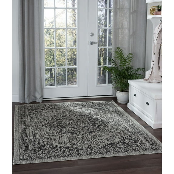 5x8 Water Resistant, Indoor Outdoor Rugs for Patios, Front Door Entry, Entryway, Deck, Porch, Balcony | Outside Area Rug for Patio | Black, Medallion | Size: 5'3'' x 7'3''