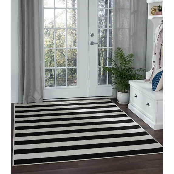 5x8 Water Resistant, Indoor Outdoor Rugs for Patios, Front Door Entry, Entryway, Deck, Porch, Balcony | Outside Area Rug for Patio | Black, Stripe | Size: 5'3'' x 7'3''