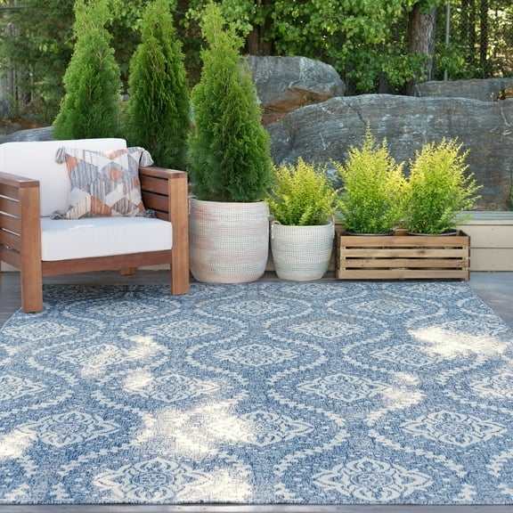 Bliss Rugs Damask Indoor Outdoor Area Rug for Patio, Porch, Garden | Blue, 5'3'' x 7'3''