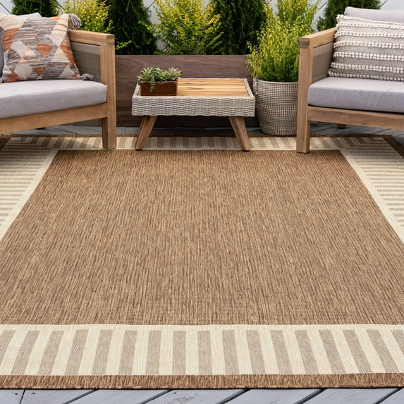 5x8 Water Resistant, Indoor Outdoor Rugs for Patios, Front Door Entry, Entryway, Deck, Porch, Balcony | Outside Area Rug for Patio | Brown, Striped Border | Size: 5'3'' x 7'3''