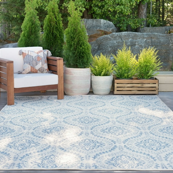 5x8 Water Resistant, Indoor Outdoor Rugs for Patios, Front Door Entry, Entryway, Deck, Porch, Balcony | Outside Area Rug for Patio | Cream, Damask | Size: 5'3'' x 7'3''