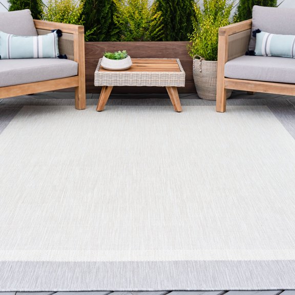 5x8 Water Resistant, Indoor Outdoor Rugs for Patios, Front Door Entry, Entryway, Deck, Porch, Balcony | Outside Area Rug for Patio | Gray, Solid Border | Size: 5'3'' x 7'3''