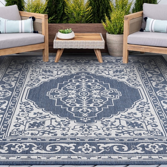 5x8 Water Resistant, Indoor Outdoor Rugs for Patios, Front Door Entry, Entryway, Deck, Porch, Balcony | Outside Area Rug for Patio | Navy, Floral | Size: 5'3'' x 7'3''
