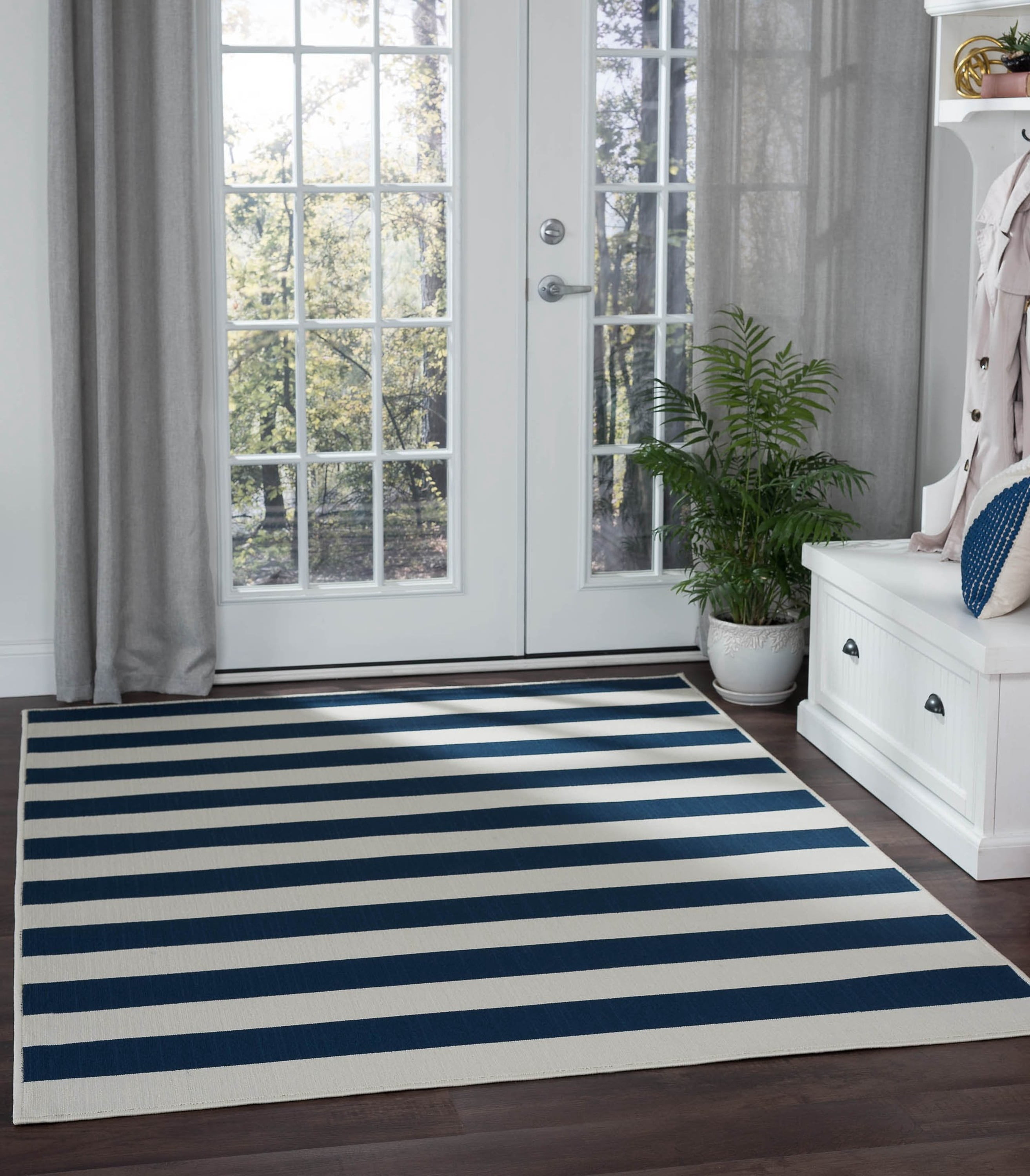 5x8 Water Resistant, Indoor Outdoor Rugs for Patios, Front Door Entry, Entryway, Deck, Porch, Balcony | Outside Area Rug for Patio | Navy, Stripe | Size: 5'3'' x 7'3''