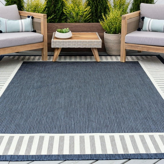 5x8 Water Resistant, Indoor Outdoor Rugs for Patios, Front Door Entry, Entryway, Deck, Porch, Balcony | Outside Area Rug for Patio | Navy, Striped Border | Size: 5'3'' x 7'3''