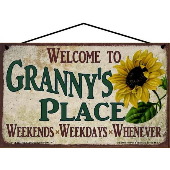 5x8 Welcome to Granny's Place Sign with Sunflower Weekends, Weekdays, Whenever Colorful Vintage Style Family Wall Decor for a Grandmother's Home or Office