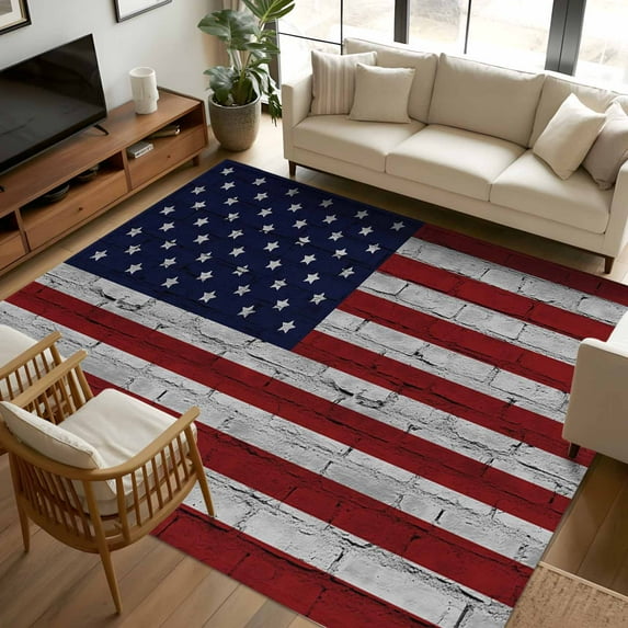 5x8Ft Area Rugs American Flag Non-Skid Rubber Backing Large Rectangle Rugs - Living Room Bedroom Home Office, Vintage Brick Wall Star Striped Red Blue Indoor Floor Mat Carpets Washable Rug