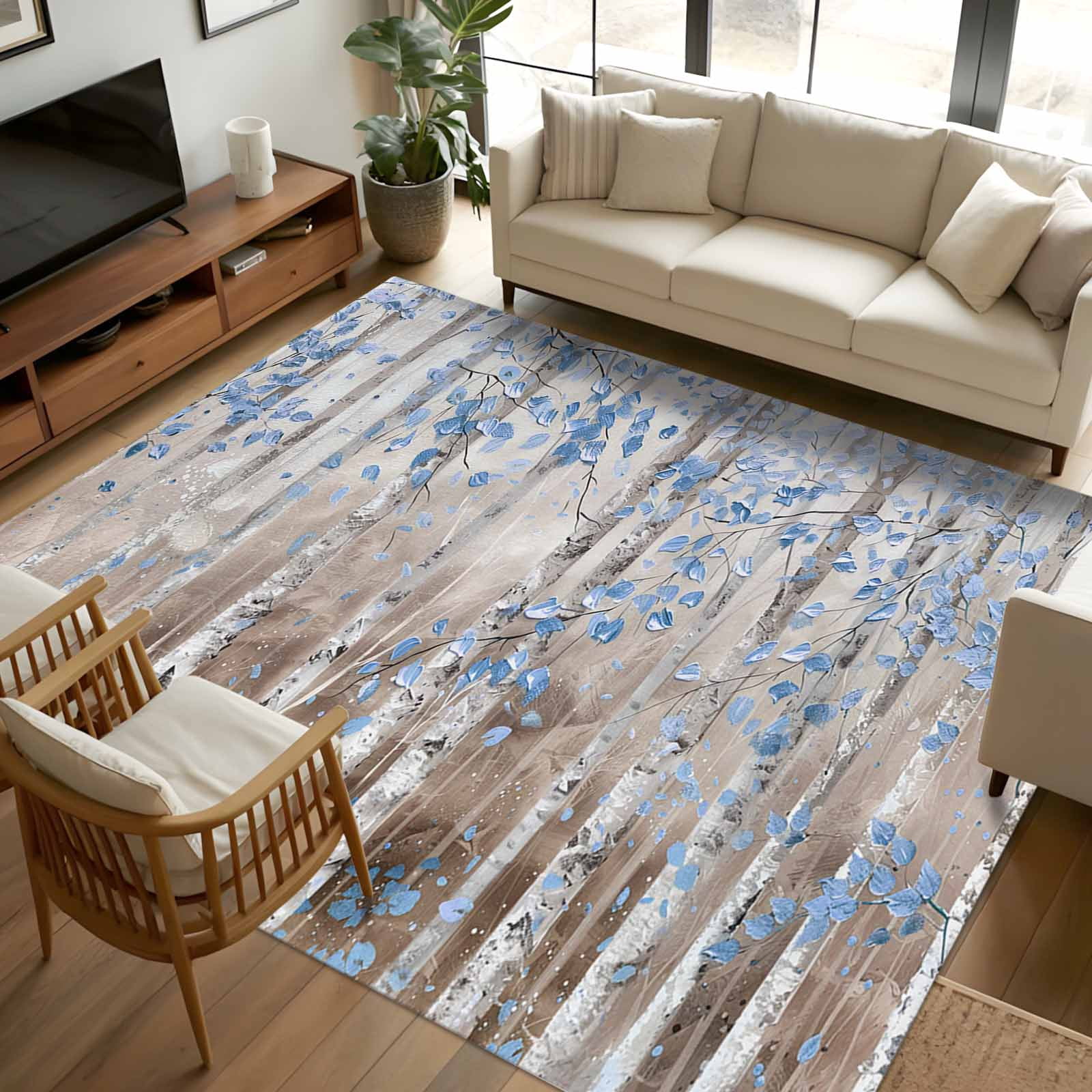 5x8Ft Area Rugs Blue Brown Forest Non-Skid Rubber Backing Large ...