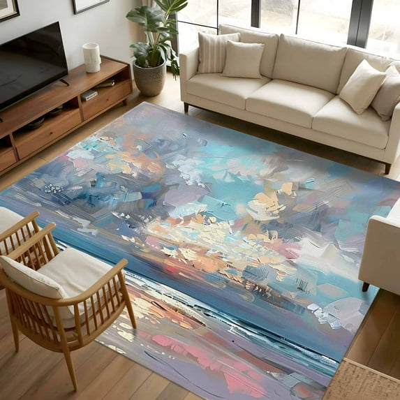 5x8Ft Area Rugs, Blue Gray Coastal Non-Skid Rubber Backing Large Rectangle Rugs - Living Room Bedroom Home Office, Oil Painting Modern Abstract Art Indoor Floor Mat Carpets Washable Rug