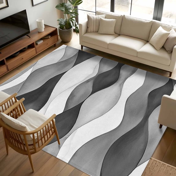 5x8Ft Area Rugs Gray Stripes Non-Skid Rubber Backing Large Rectangle Rugs - Living Room Bedroom Home Office, Vintage Farmhouse Greyish Ripple Pattern Indoor Floor Mat Carpets Washable Rug