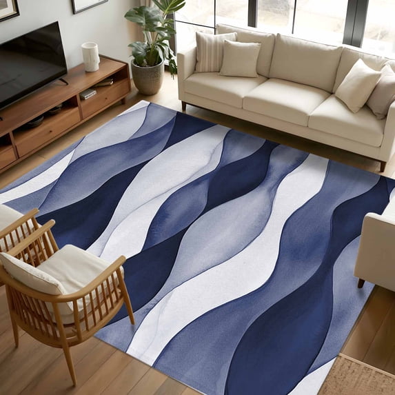 5x8Ft Area Rugs Navy Blue Non-Skid Rubber Backing Large Rectangle Rugs - Living Room Bedroom Home Office, Modern Moire Abstract Ripple Geometric Indoor Floor Mat Carpets Washable Rug