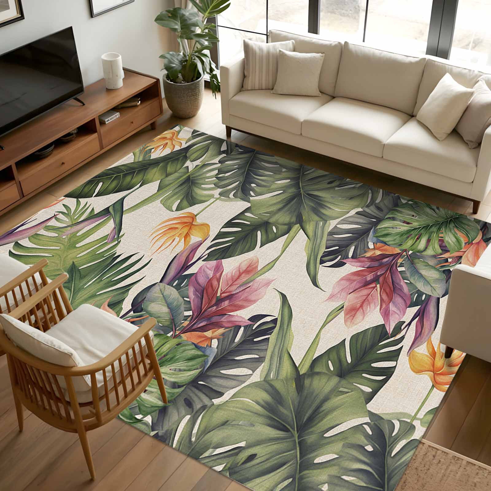 5x8Ft Area Rugs, Palm Leaves Non-Skid Rubber Backing Large Rectangle ...