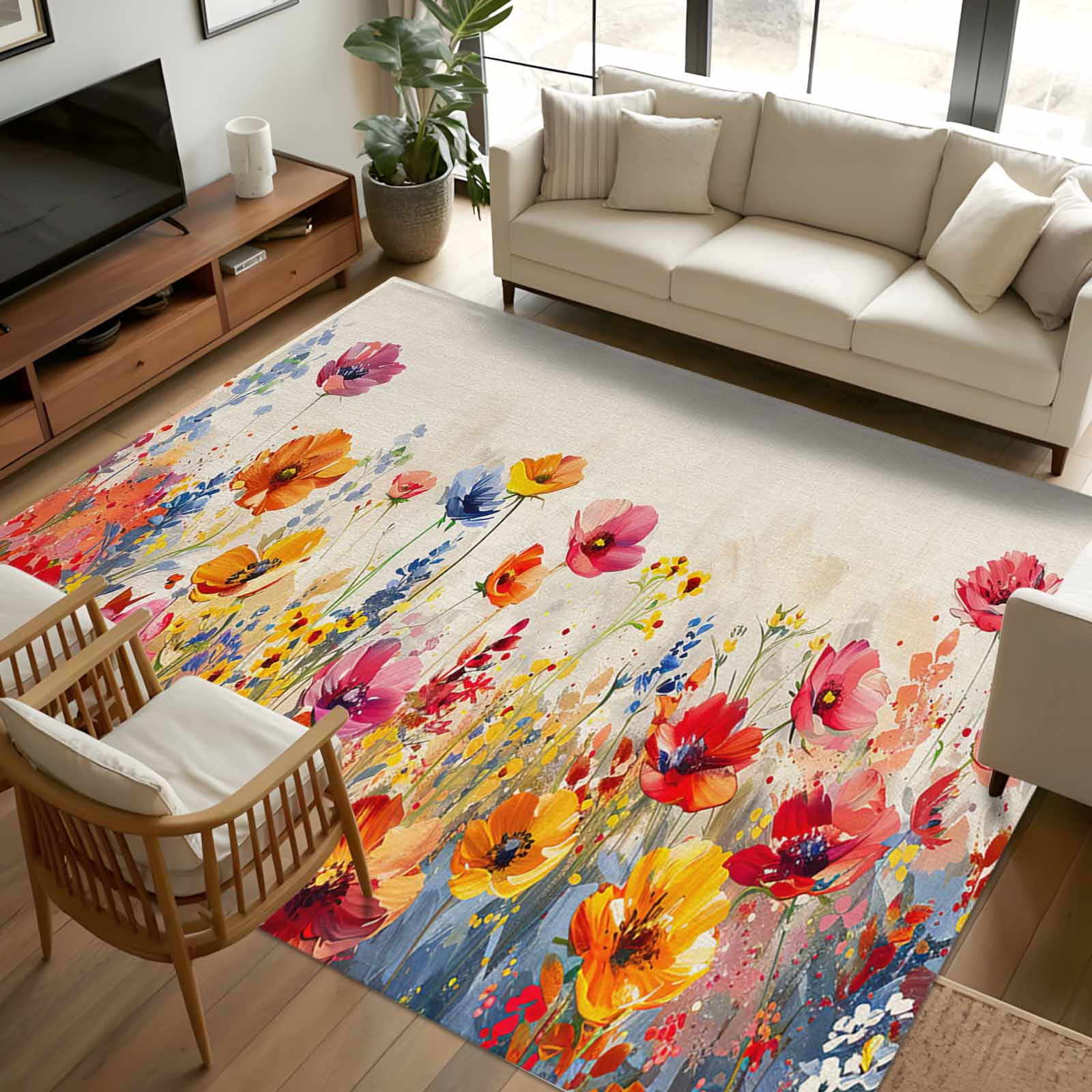 5x8Ft Area Rugs, Pastoral Botanical Non-Skid Rubber Backing Large ...