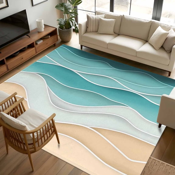 5x8Ft Area Rugs Turquoise Non-Skid Rubber Backing Large Rectangle Rugs - Living Room Bedroom Home Office, Ocean Wave Stripes Modern Abstract Beach Indoor Floor Mat Carpets Washable Rug