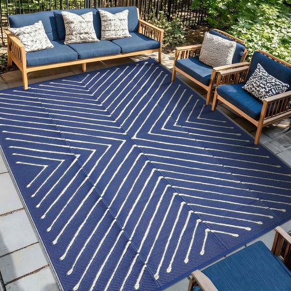 5x8ft Navy White Reversible Waterproof Outdoor Rug, Geometric Plastic Straw Mat Collapsible Easy Clean for RV Camping Deck Beach