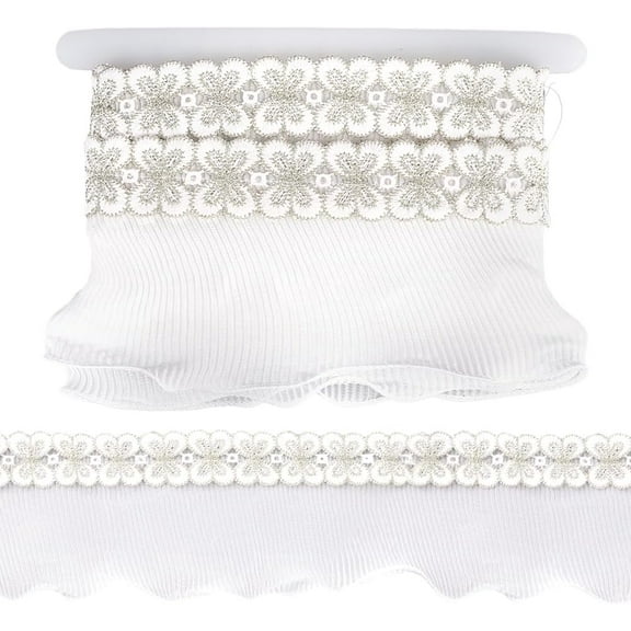 5yards Polyester Lace Trim Ribbon Clothing Accessories with Imitation Pearls Butterfly White 4 inch(100mm)