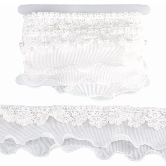 5yards Polyester Lace Trim Ribbon Clothing Accessories with Imitation Pearls Flower White 3-7/8 inch(97mm)