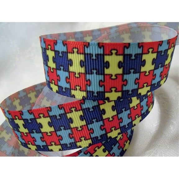 5yd 7/8" Autism Awareness Satin Ribbon--Jigsaw Puzzle